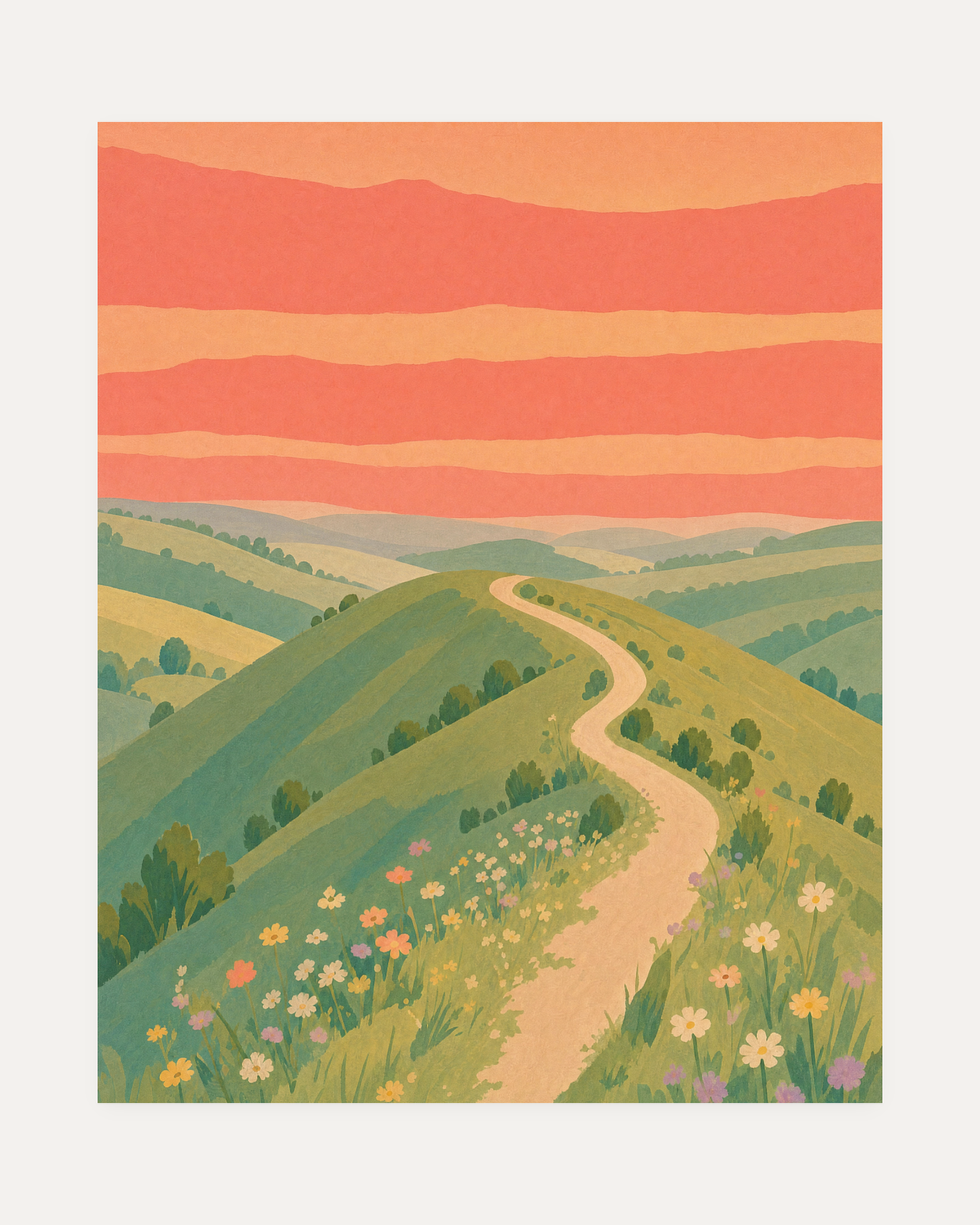 Ridge Walk, coral meadow path wall art, narrow path, dotted flowers, sage ridge and sky bands