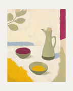 Oil Pourer Table unframed jug and bowl print showing jug, bowl, and leaves in beige, green, and yellow