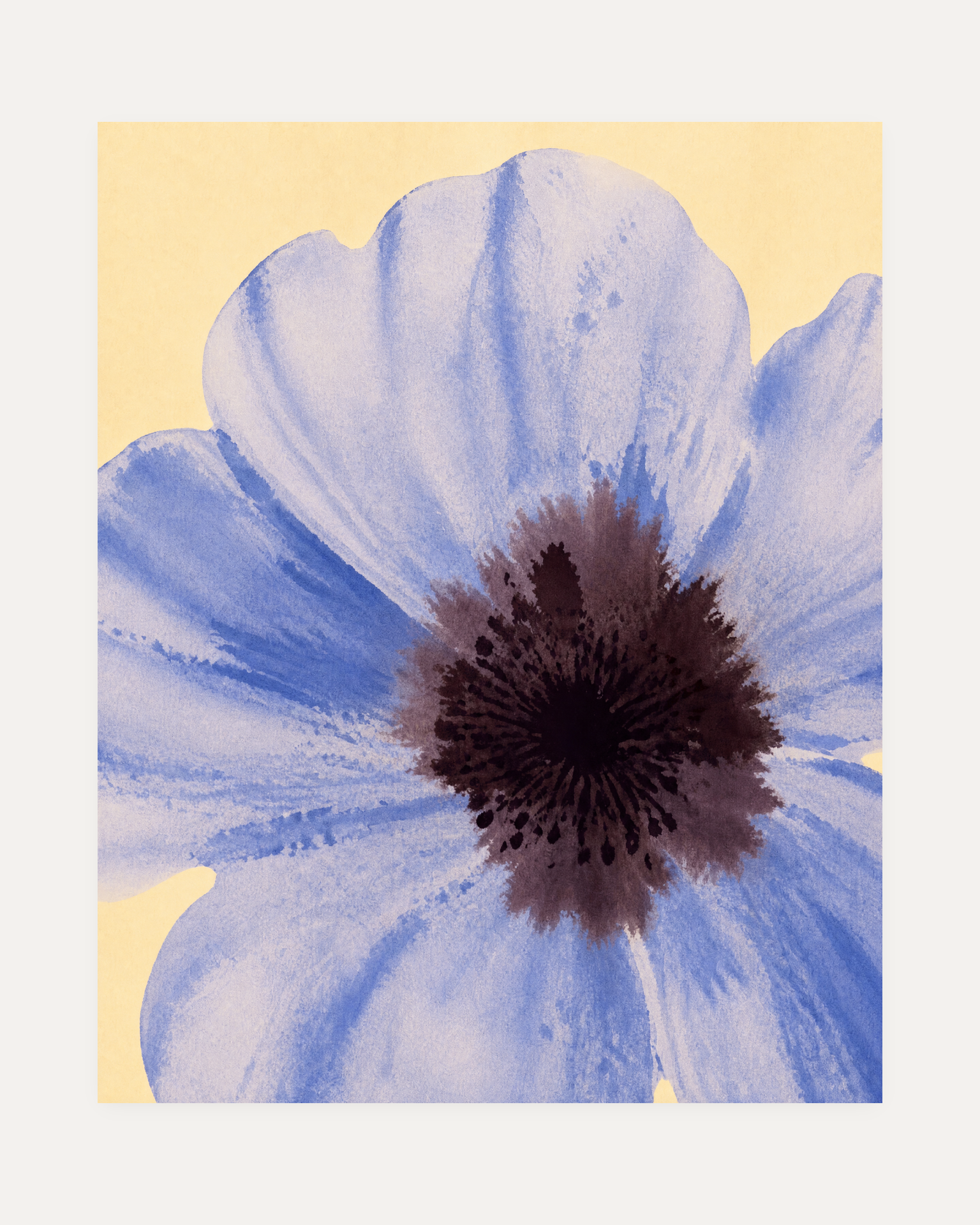 One Poppy Dark Eye unframed blue poppy wall art print showing oversized blue poppy with a dark burgundy center on cream