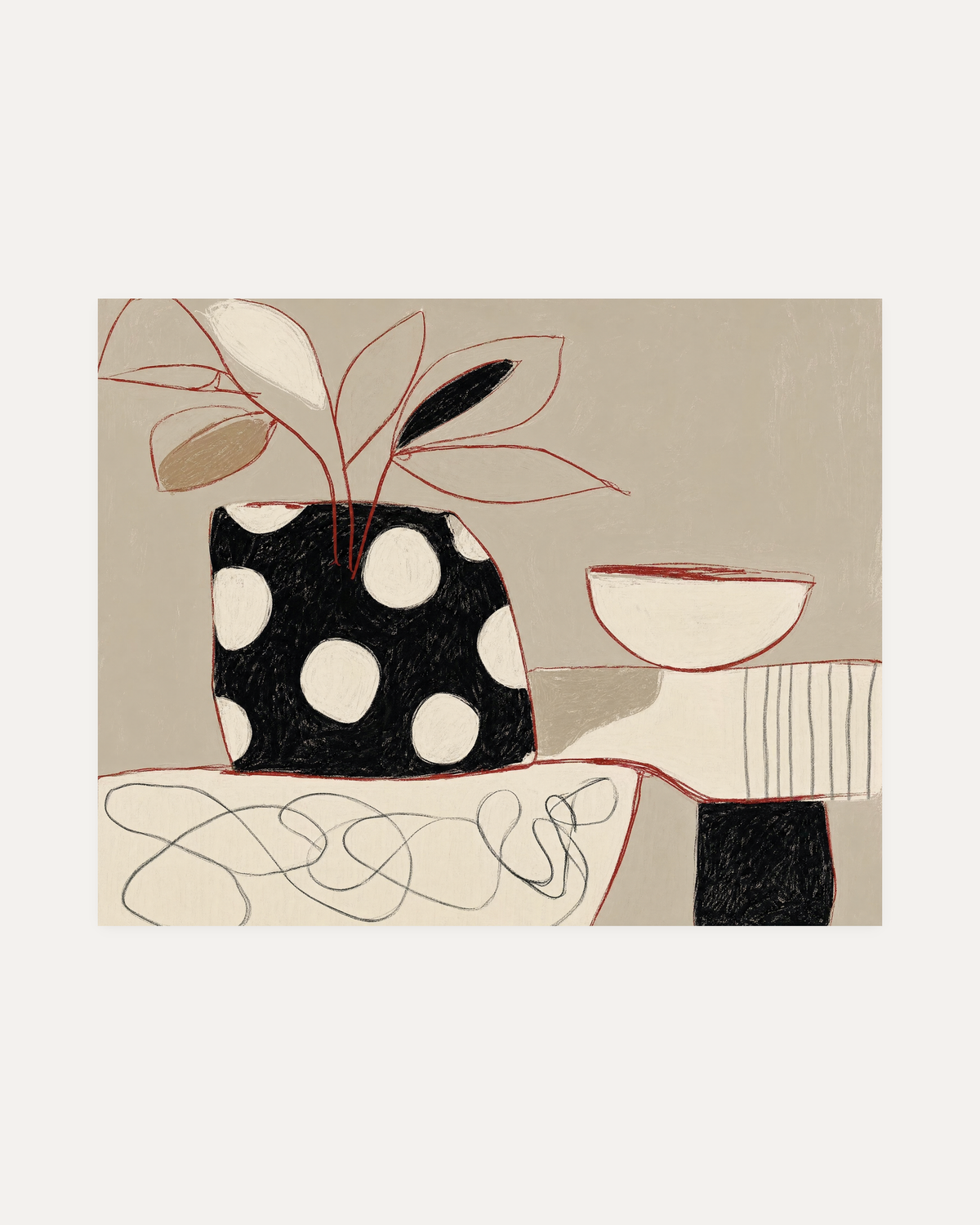 Dotted Cushions on a Handcart, dotted handcart figure wall art print, tan field, black dotted load