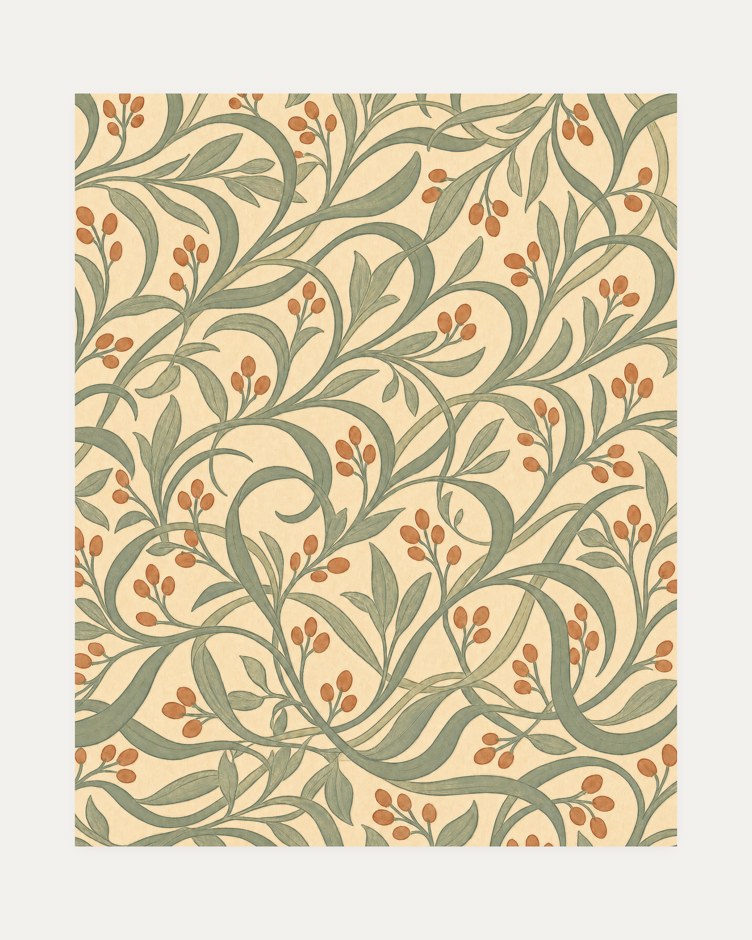Willow Repeat No Type unframed willow print showing sage willow weave, terracotta berries, cream ground