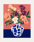 Saturday Flowers peach flower wall art print, peach flowers in a blue vase with green leaves and dark purple shapes
