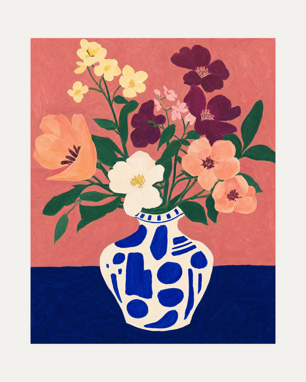 Saturday Flowers peach flower wall art print, peach flowers in a blue vase with green leaves and dark purple shapes