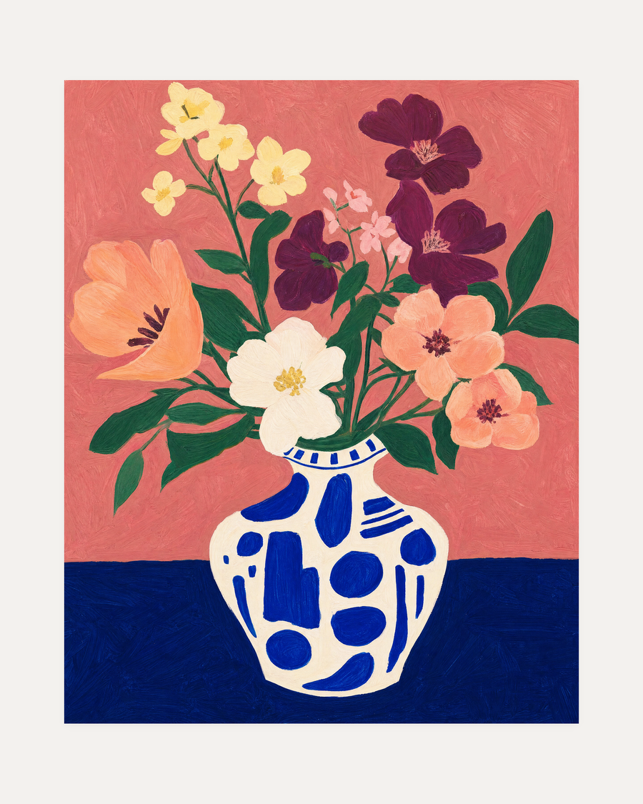 Pink Table Blooms unframed floral arrangement print showing flowers, vase, and leaves in peach, dark purple, and white