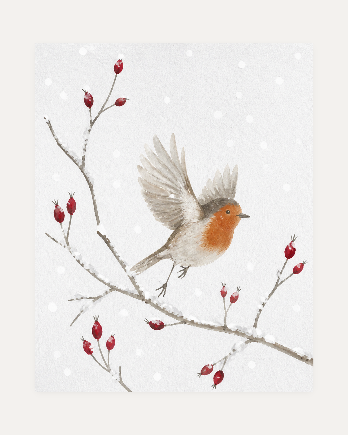 Passing Robin unframed rosehip robin print showing a robin among rose hips