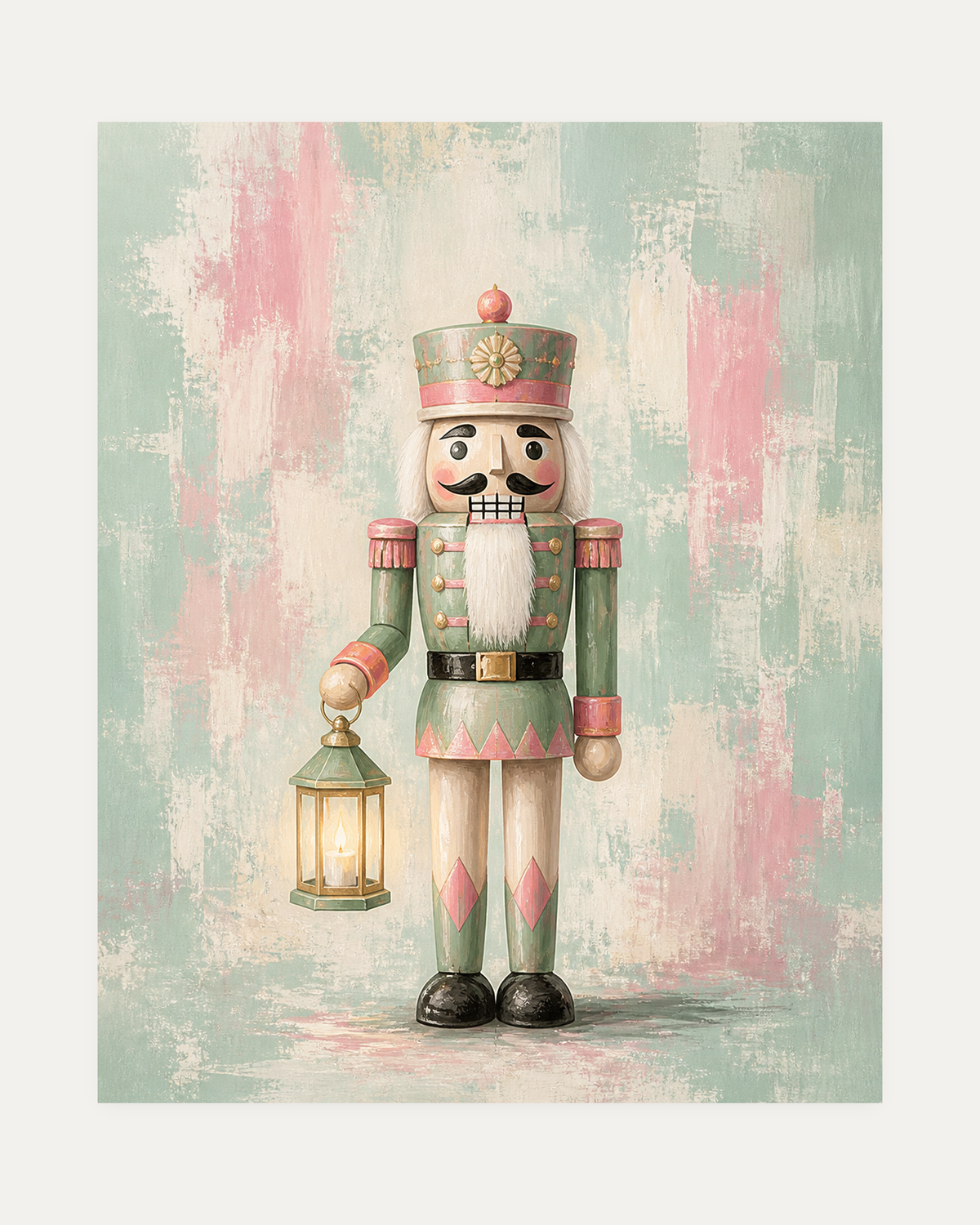 Lantern Nutcracker unframed pastel nutcracker print showing a green nutcracker holding a lantern