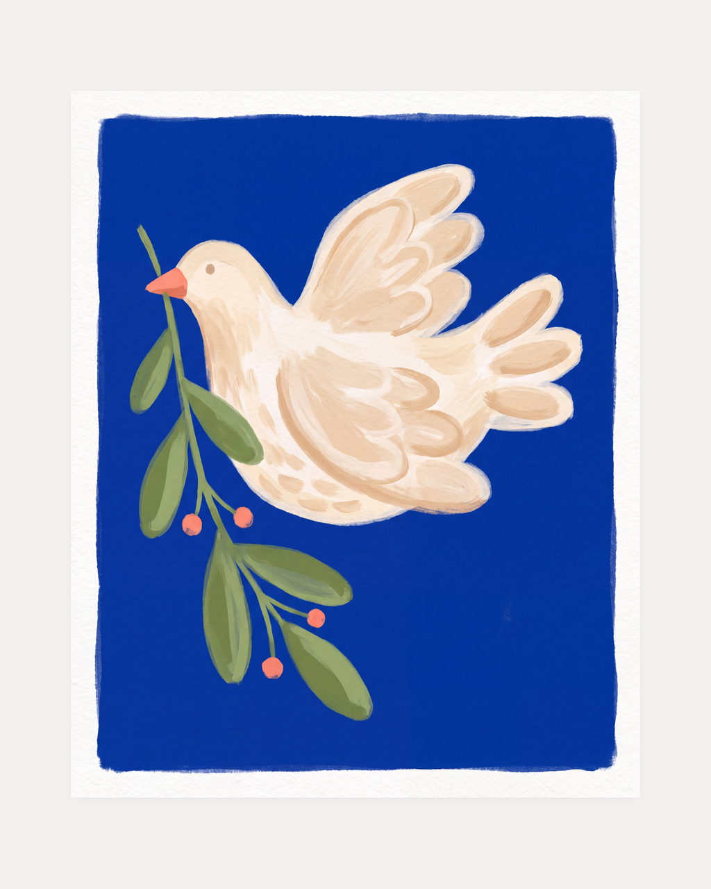Dove Branch Blue unframed blue dove wall art print showing bird, branch, and leaves in blue, white, and green