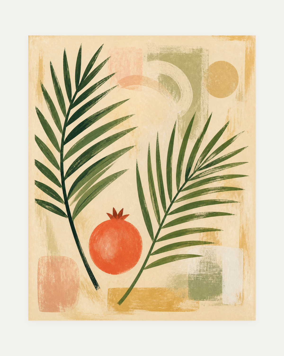 Hot Fruit, palm pomegranate wall art, small orange pomegranate, green palm leaves, beige rectangles