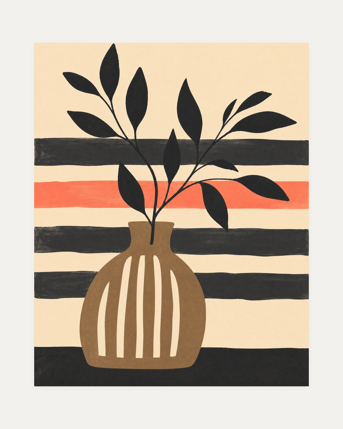 Branch Hour stripe vase wall art, brown striped vase, black branch, coral band on cream striped background