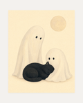 Moon Cat, two ghost cat wall art, two cream sheet ghosts, curled black cat, pale gray moon disc