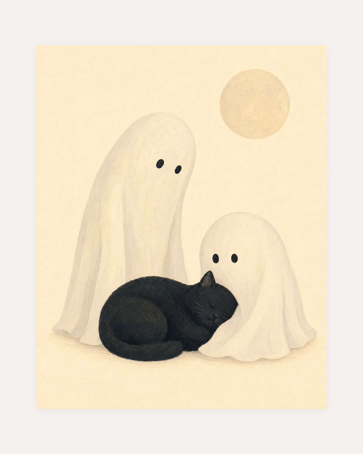 Moon Cat, two ghost cat wall art, two cream sheet ghosts, curled black cat, pale gray moon disc