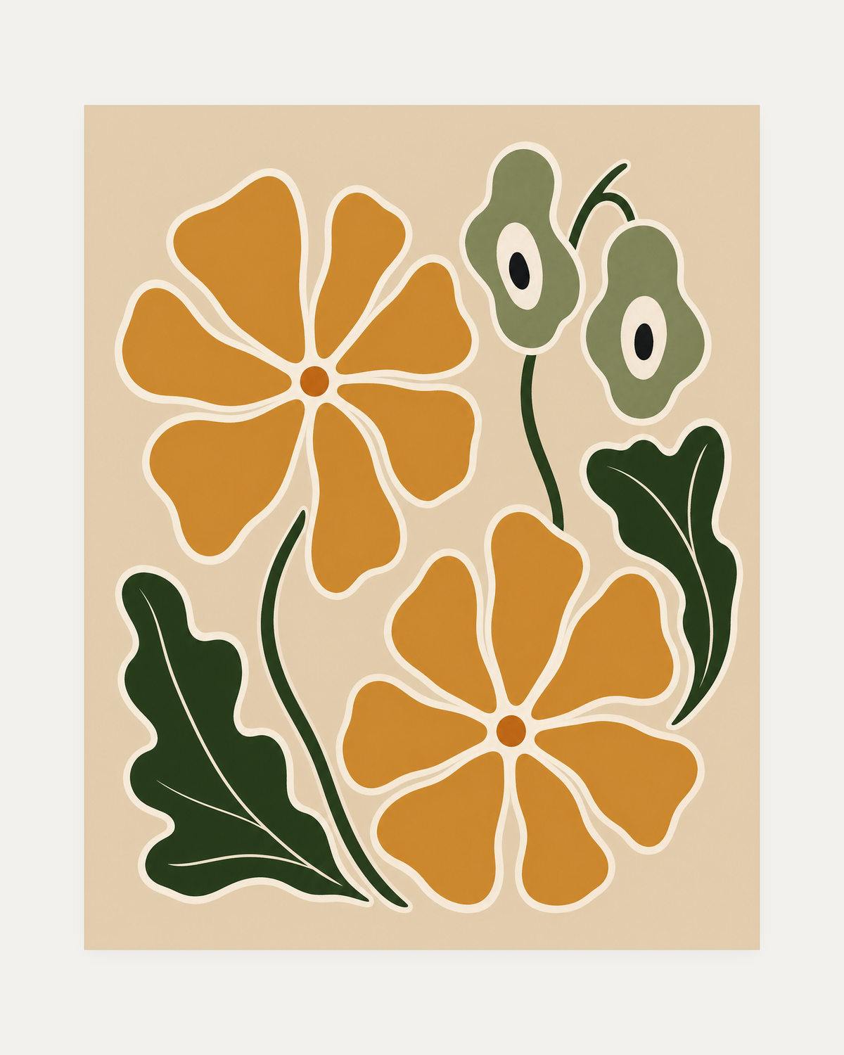 Garden Pair, ochre bloom wall art, two rounded flowers above sage seed pods on a cream portrait sheet