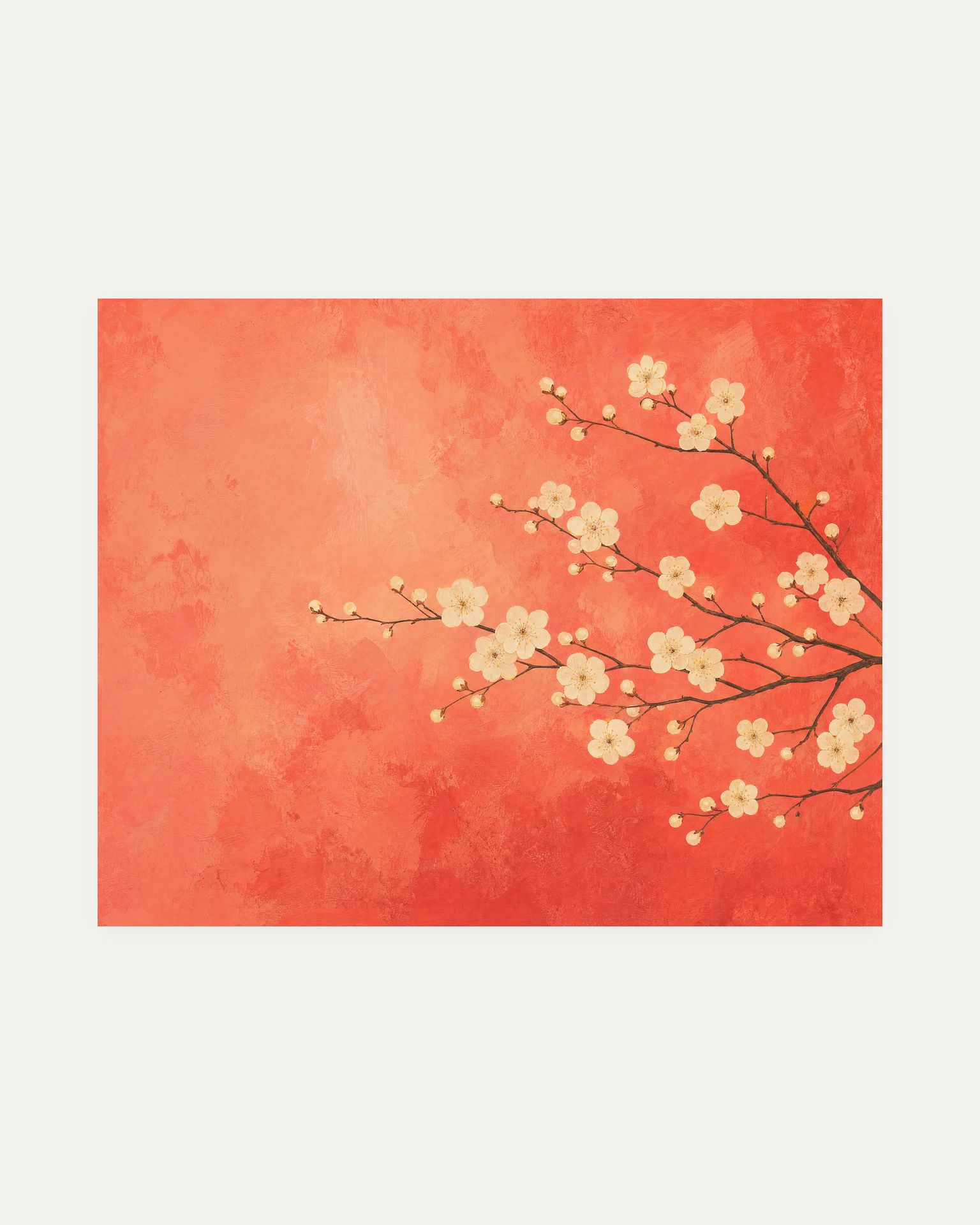 Plum Blossoms From Right unframed plum blossom print showing ivory plum blossom, blush coral field