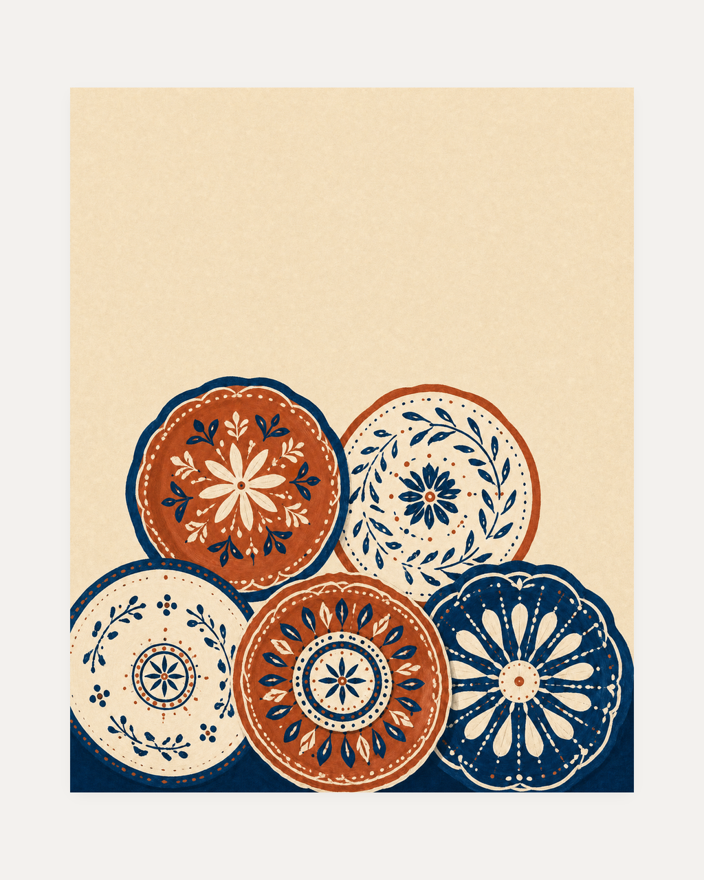 Five Beach Discs unframed plate print showing five folk plates, navy and terracotta, cream field
