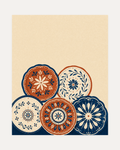 Five Beach Discs unframed plate print showing five folk plates, navy and terracotta, cream field