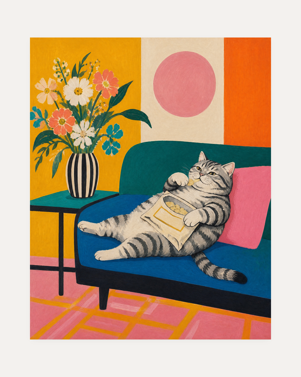 Snack Cat unframed cat wall poster print showing a silver tabby reclining on a blue sofa with a chip bag