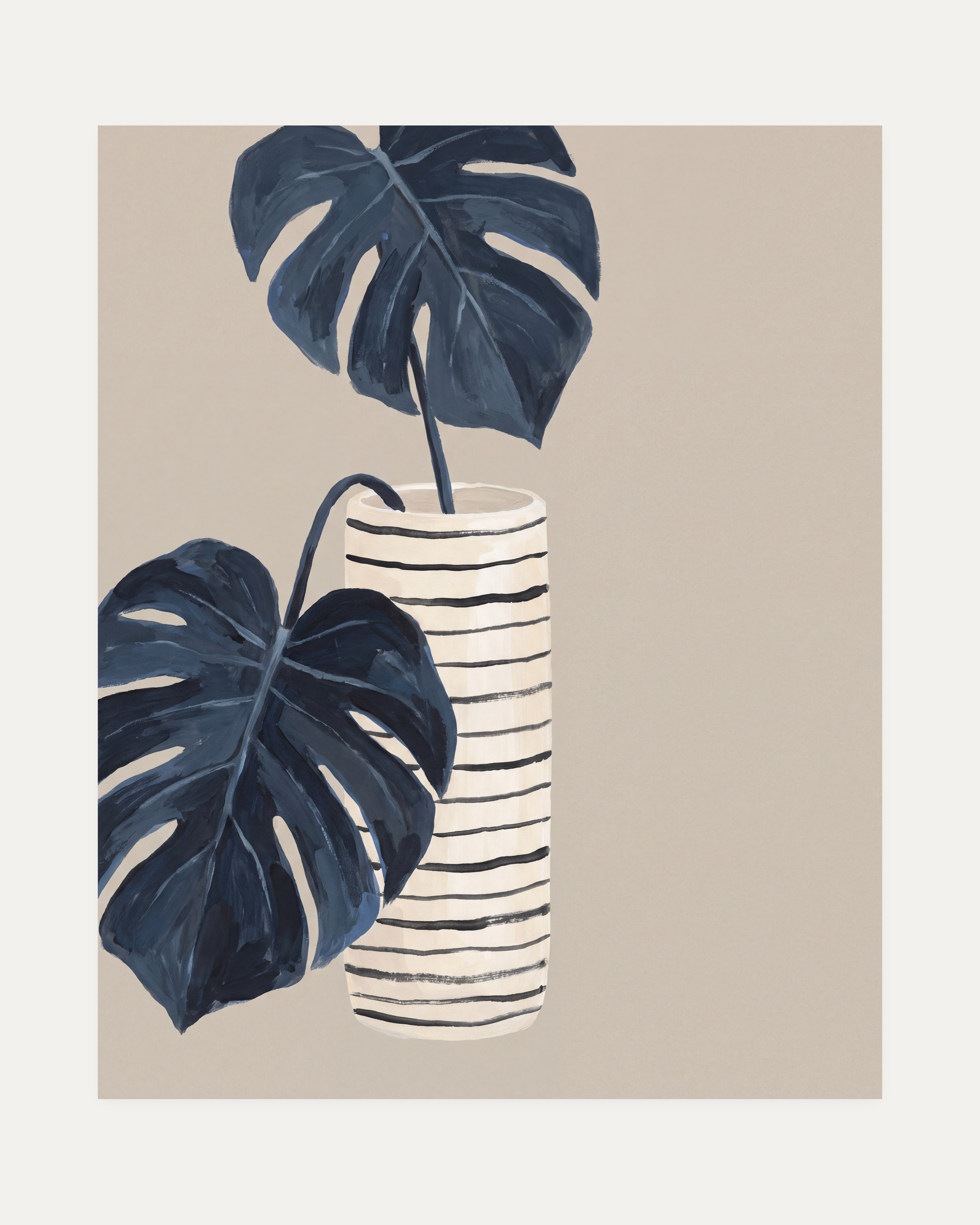 Stripe Pot Leaves unframed striped vase botanical wall art print showing leaves and vase in blue, white, and black