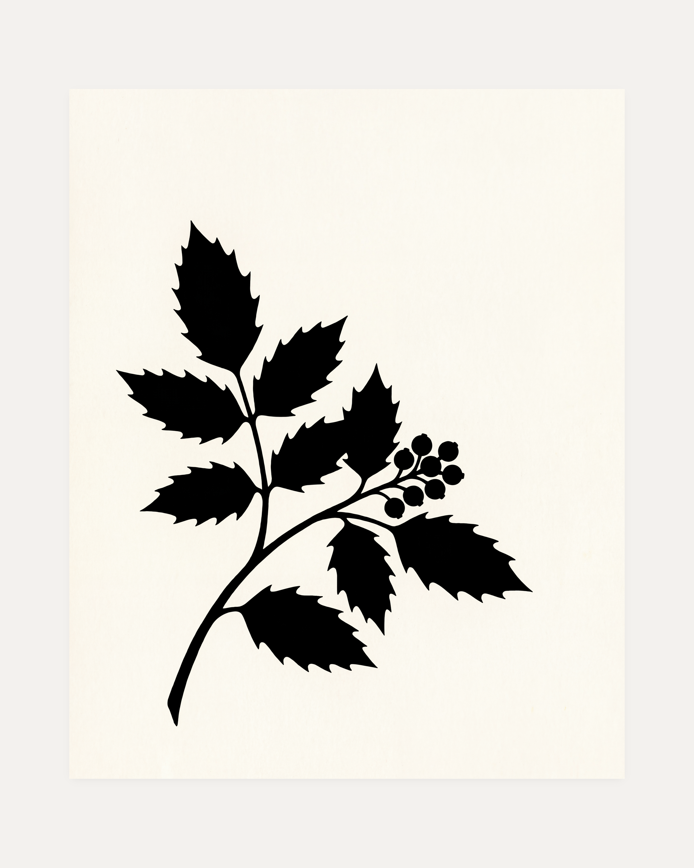 Black Leaf Sprig unframed black leaf wall art print showing leaf, branch, and berries in black and white