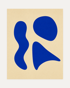One Rest cobalt shape wall art, cobalt wave, round disc and pointed triangle on a cream field