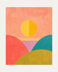 Split Sun, split sun wall art, divided yellow circle above coral and teal rounded hills on a portrait page
