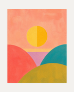 Split Sun, split sun wall art, divided yellow circle above coral and teal rounded hills on a portrait page