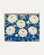 Ranunculus Thicket, white ranunculus wall art, white flower heads, green buds, and blue leaves on beige.