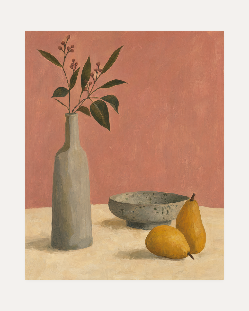 Pitcher and Lemon unframed vase and leaves print showing vase, leaves, and bowl in beige, green, and gray