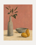 Pitcher and Lemon unframed vase and leaves print showing vase, leaves, and bowl in beige, green, and gray