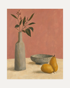 Pitcher and Lemon unframed vase and leaves print showing vase, leaves, and bowl in beige, green, and gray