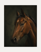 Turning Bay unframed bay horse print showing a bay horse head on dark green