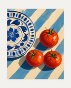 Lunch Tomatoes unframed three tomato print showing three red tomatoes on a blue cloth