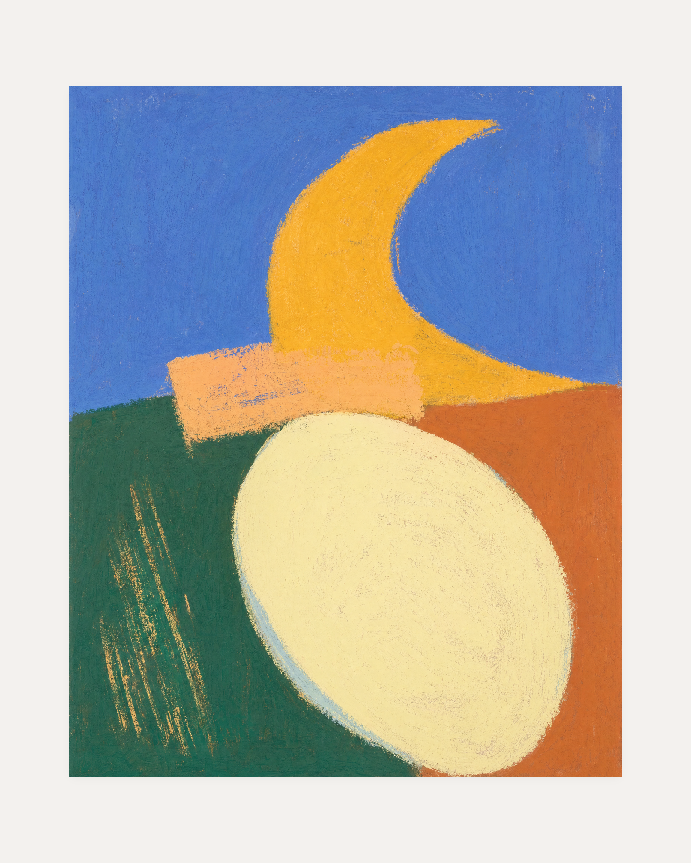 Split Horizon unframed abstract crescent and oval print showing crescent shape, oval shape, and rectangle in blue, yellow, and green