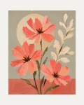 Third Bloom unframed coral floral wall art print showing three coral blooms against a cream disc