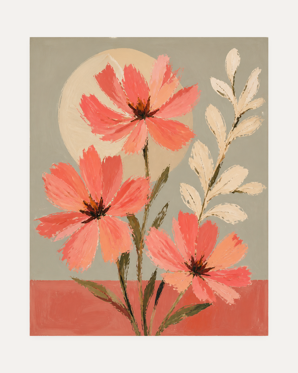 Third Bloom unframed coral floral wall art print showing three coral blooms against a cream disc