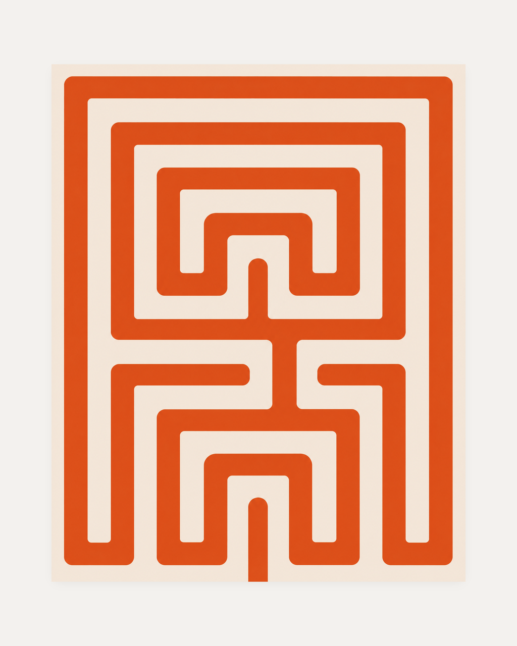 Maze Hour, orange maze wall art, saturated orange square-corner maze lines on a cream portrait field
