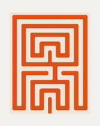 Maze Hour, orange maze wall art, saturated orange square-corner maze lines on a cream portrait field