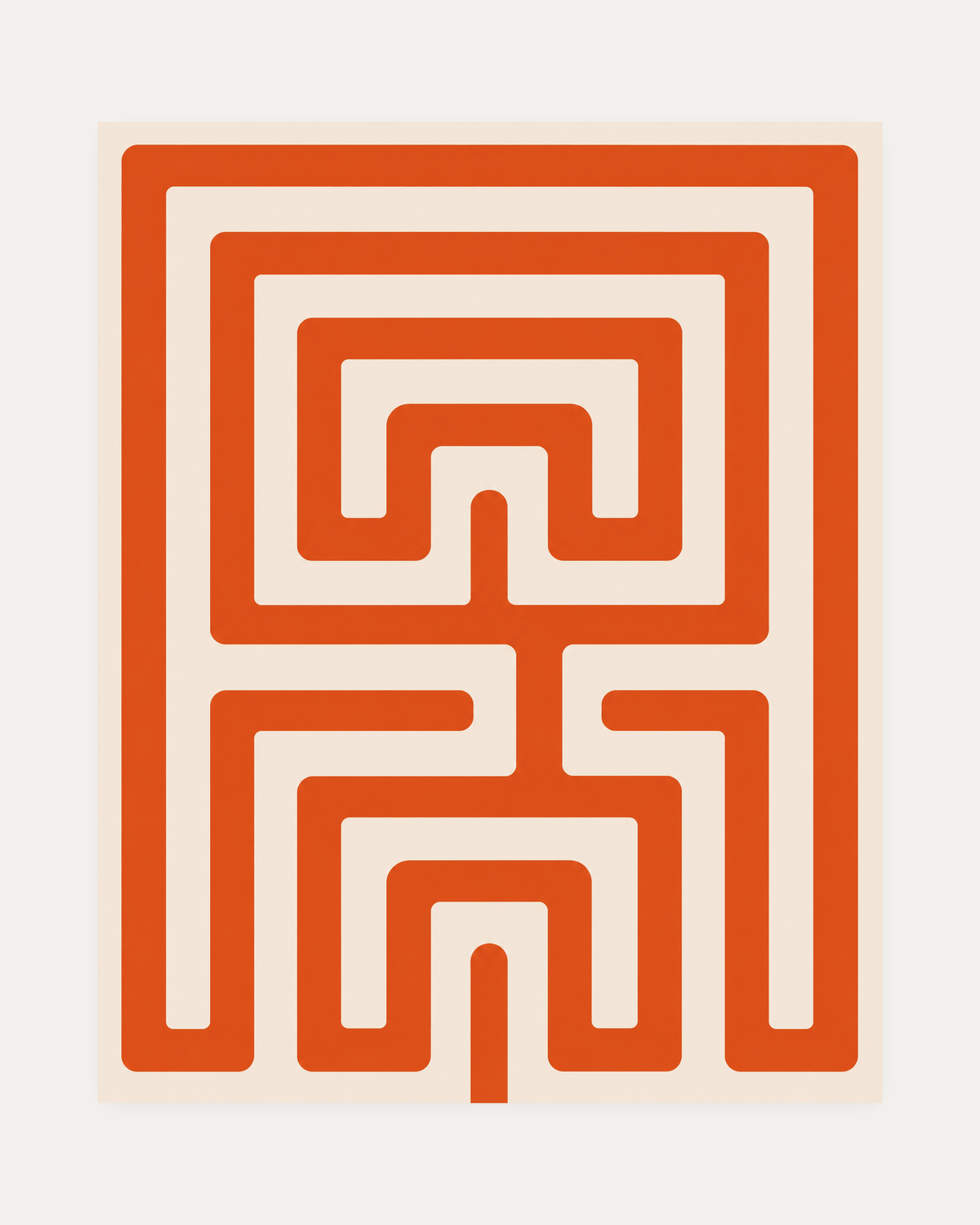 Maze Hour, orange maze wall art, saturated orange square-corner maze lines on a cream portrait field