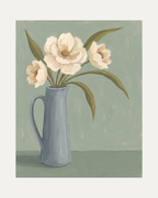 Ivory Pitcher Blooms unframed ivory flower vase wall art print showing flowers, leaves, and vase in green, cream, and brown