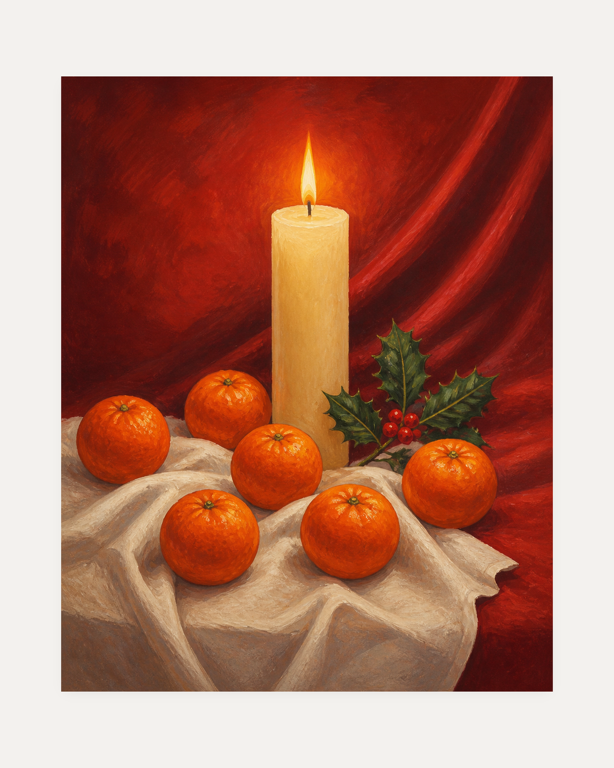 Candle Hour unframed clementine candle print showing a candle and clementines on red
