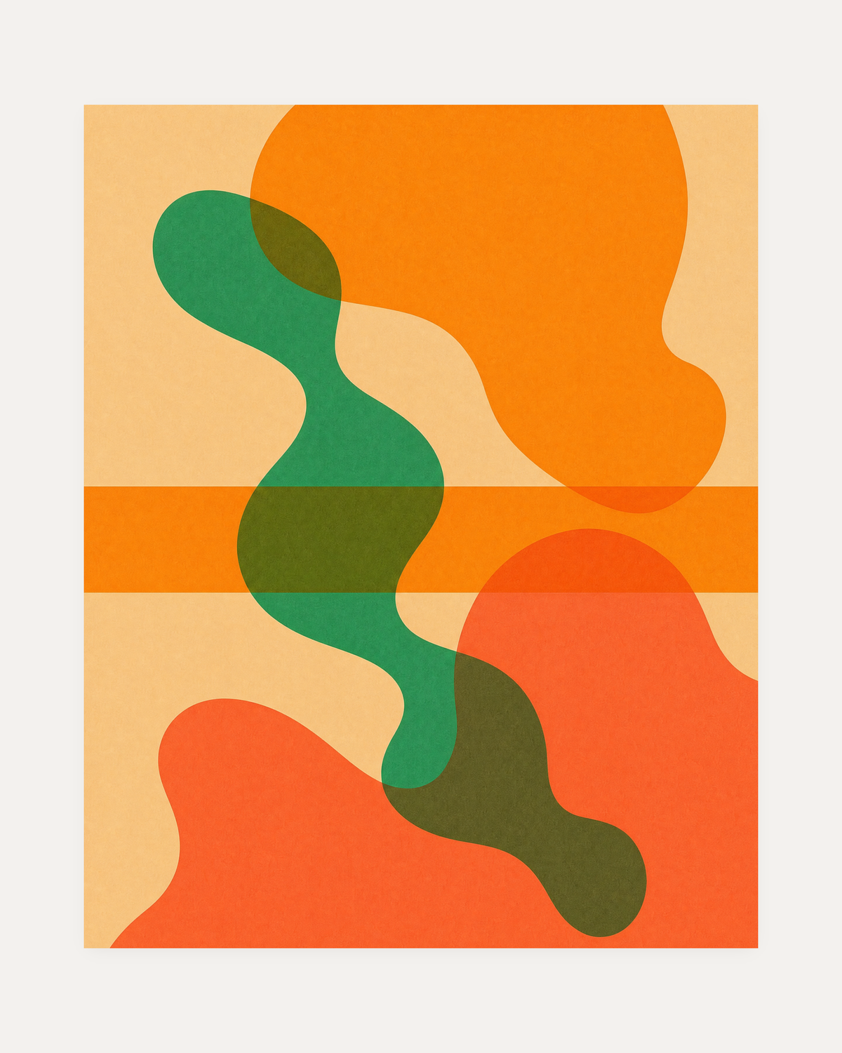 The Swell, green wave blob wall art, portrait ivory field with one green curve and two orange rounded forms