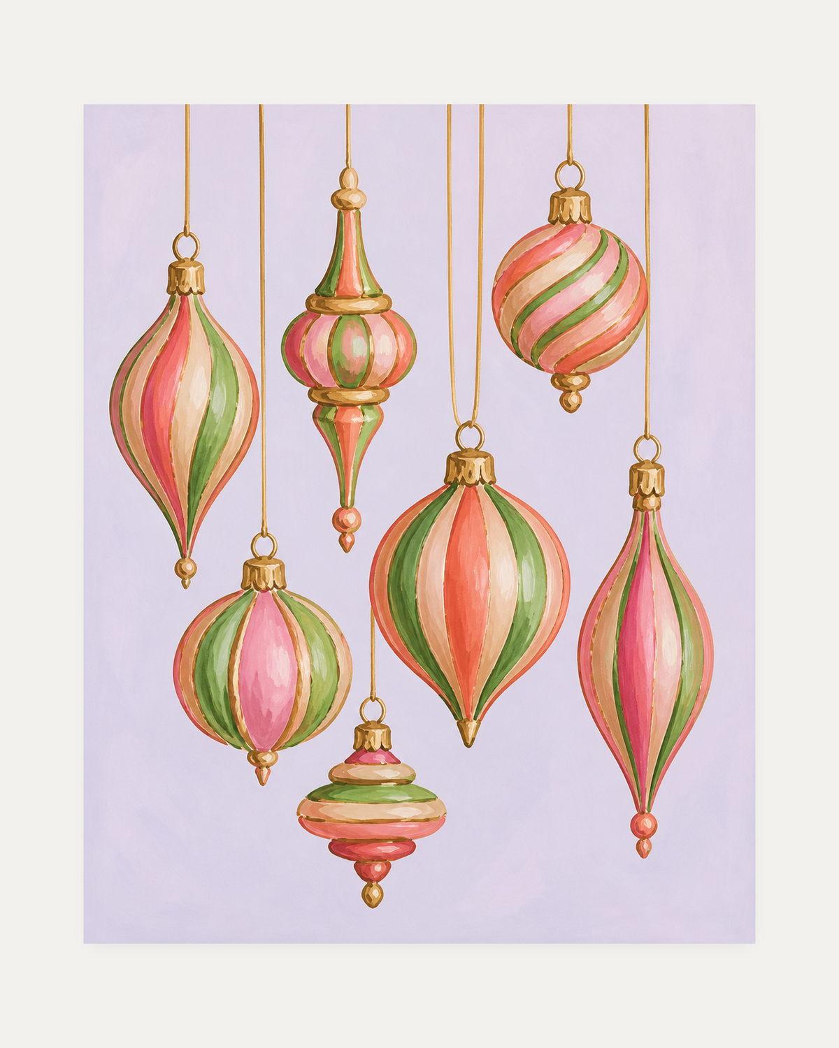 Candy Stripes unframed stripe ornament print showing striped ornaments on lilac