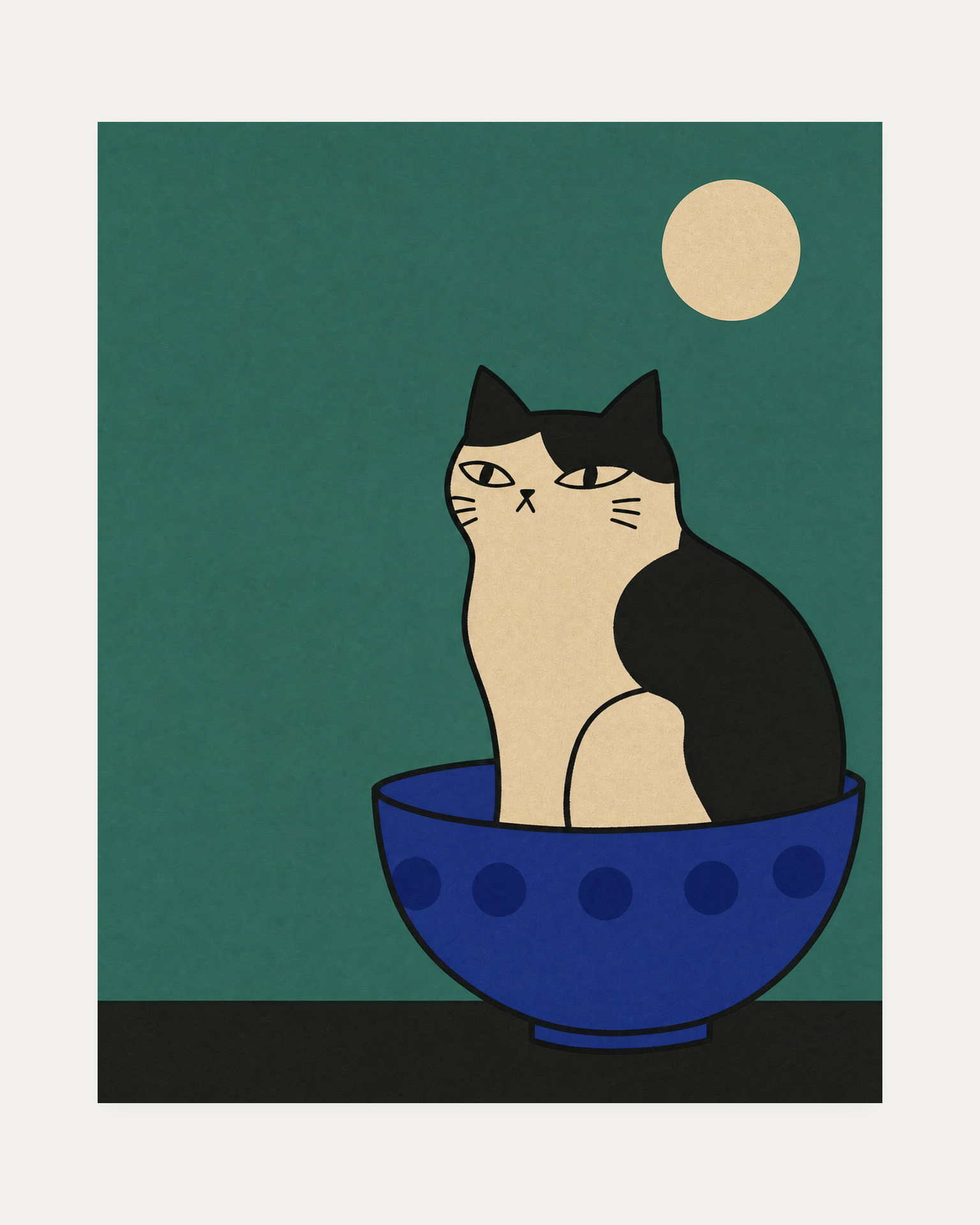 One Cat Cobalt Bowl unframed cat in bowl wall art print showing cream and black cat in a cobalt bowl on teal with a cream moon