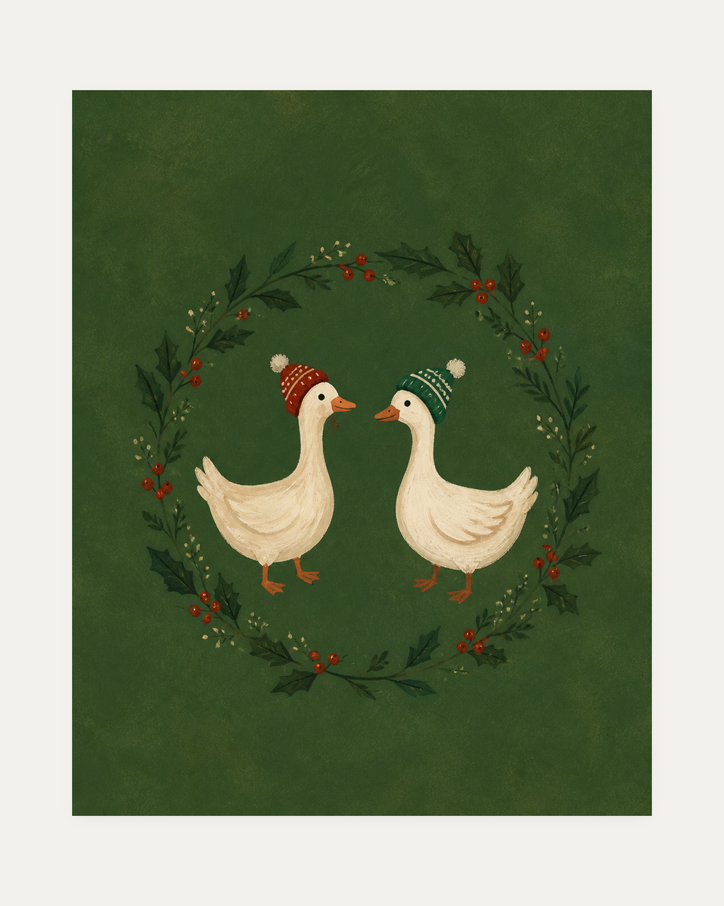Holiday Geese unframed holly geese print showing two geese inside a holly wreath