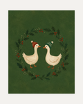 Holiday Geese unframed holly geese print showing two geese inside a holly wreath
