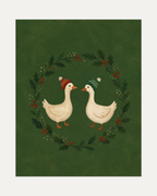 Holiday Geese unframed holly geese print showing two geese inside a holly wreath
