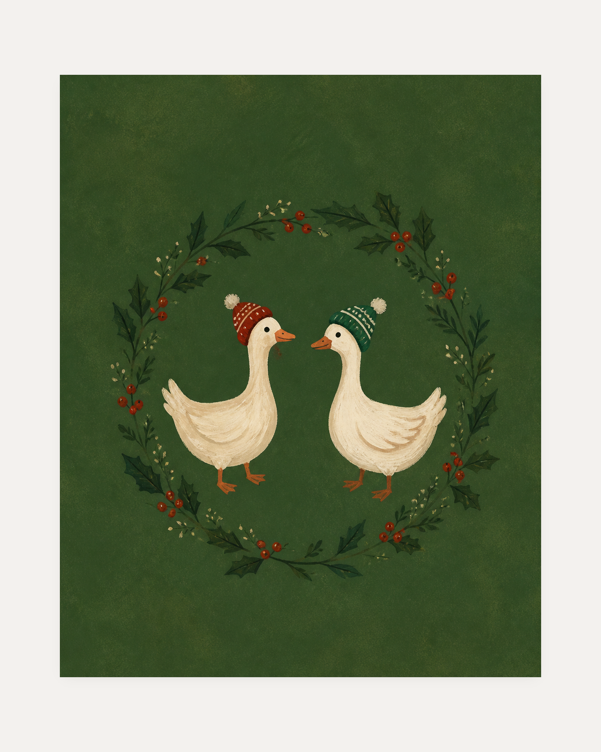 Holiday Geese unframed holly geese print showing two geese inside a holly wreath