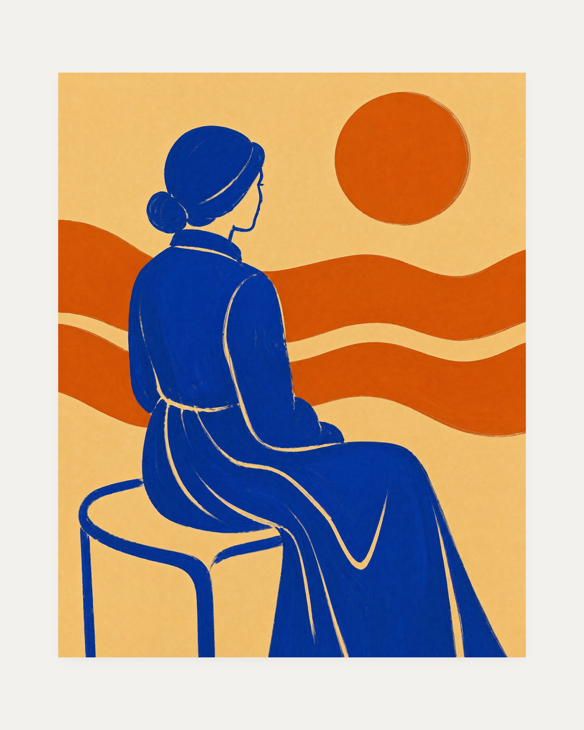 River Sitter, seated cobalt figure wall art, back-facing woman on a stool, orange river bands, small sun on beige field