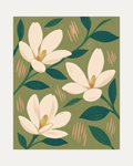 Three Magnolias On Olive Field unframed olive magnolia wall art print showing three cream magnolias with teal leaves on olive