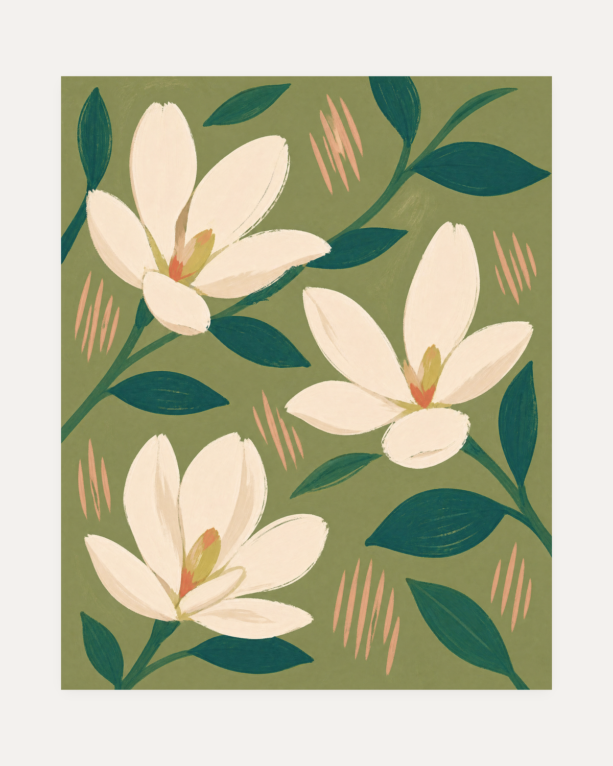 Three Magnolias On Olive Field unframed olive magnolia wall art print showing three cream magnolias with teal leaves on olive
