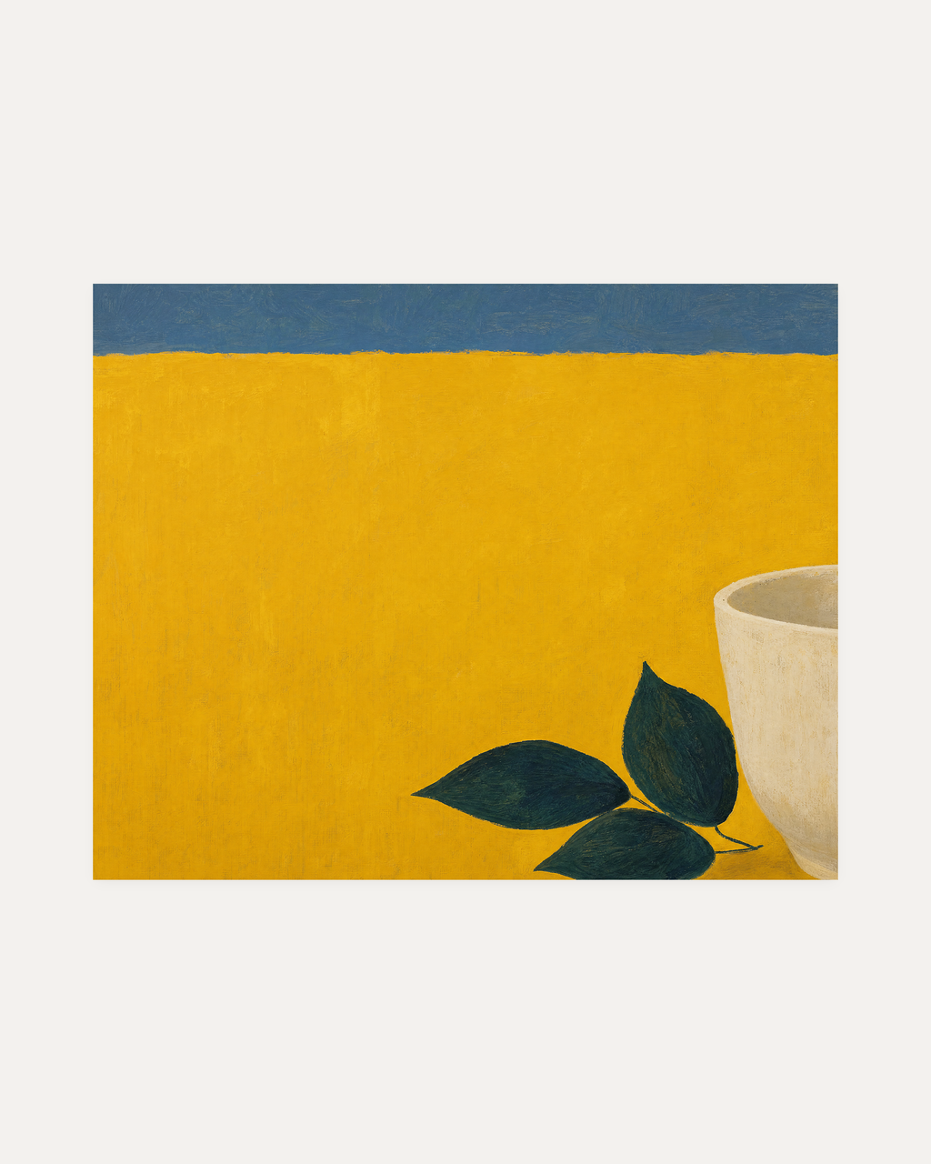 Mustard Leaf Pot unframed cup and leaves print showing cup and leaves in yellow, blue, and white